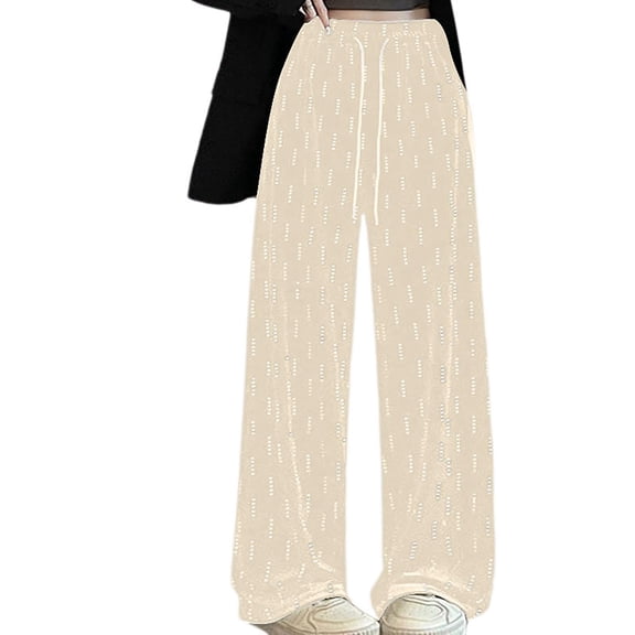 Nafuu Ladies Casual Pants Solid Color Velvet Wide Leg With Rhinestone Details High Waist Straight Leg Comfortable Wear Versatile Home Trousers