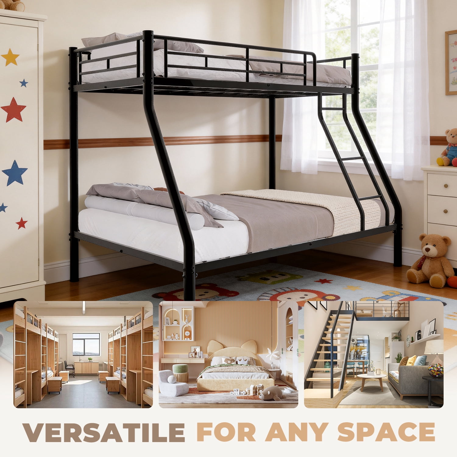 BaPiPro Metal Bunk Bed Twin Over Full Size with Removable Stairs, Heavy Duty Metal Frame with 12" Under-Bed Storage for Teens & Adults, No Box Spring Needed, Black