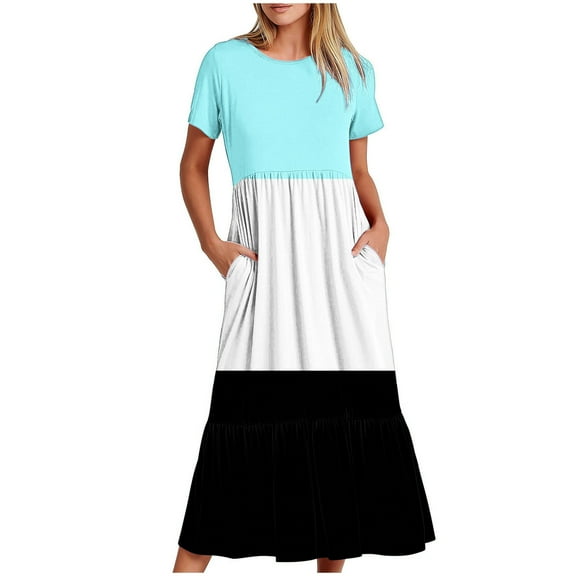 Wycnly Summer Dresses for Women Womens Dresses Pleated Swing Loose Pocket A Line Beach Long Dress Women Fashion Color Block Round Neck Short Sleeve Maxi Sun Dress