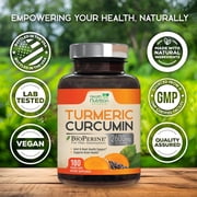 Turmeric Curcumin Supplement 2600mg - 95% Curcuminoids with Organic Turmeric & BioPerine Black Pepper for Best Absorption, Natures Vegan Joint Support, Non-GMO Tumeric, Bottled in USA - 180 Capsules
