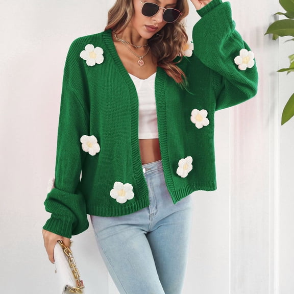 Cardigan Sweaters for Women Ndbuld Women's Winter Heavy Three-Dimensional Embroidery Flower Lantern Sleeve Loose Knit Sweater Cardigan Coat Gift for Adults Green M