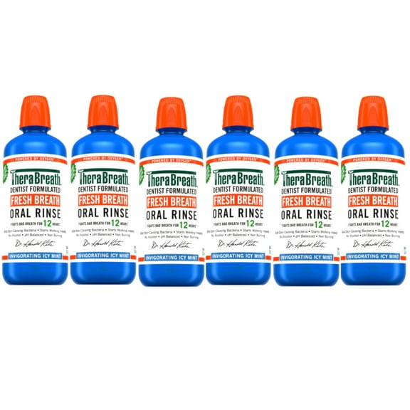6 Pack - TheraBreath Fresh Breath Mouthwash, Icy Mint, Alcohol-Free, 1 Liter (33.8 fl oz)
