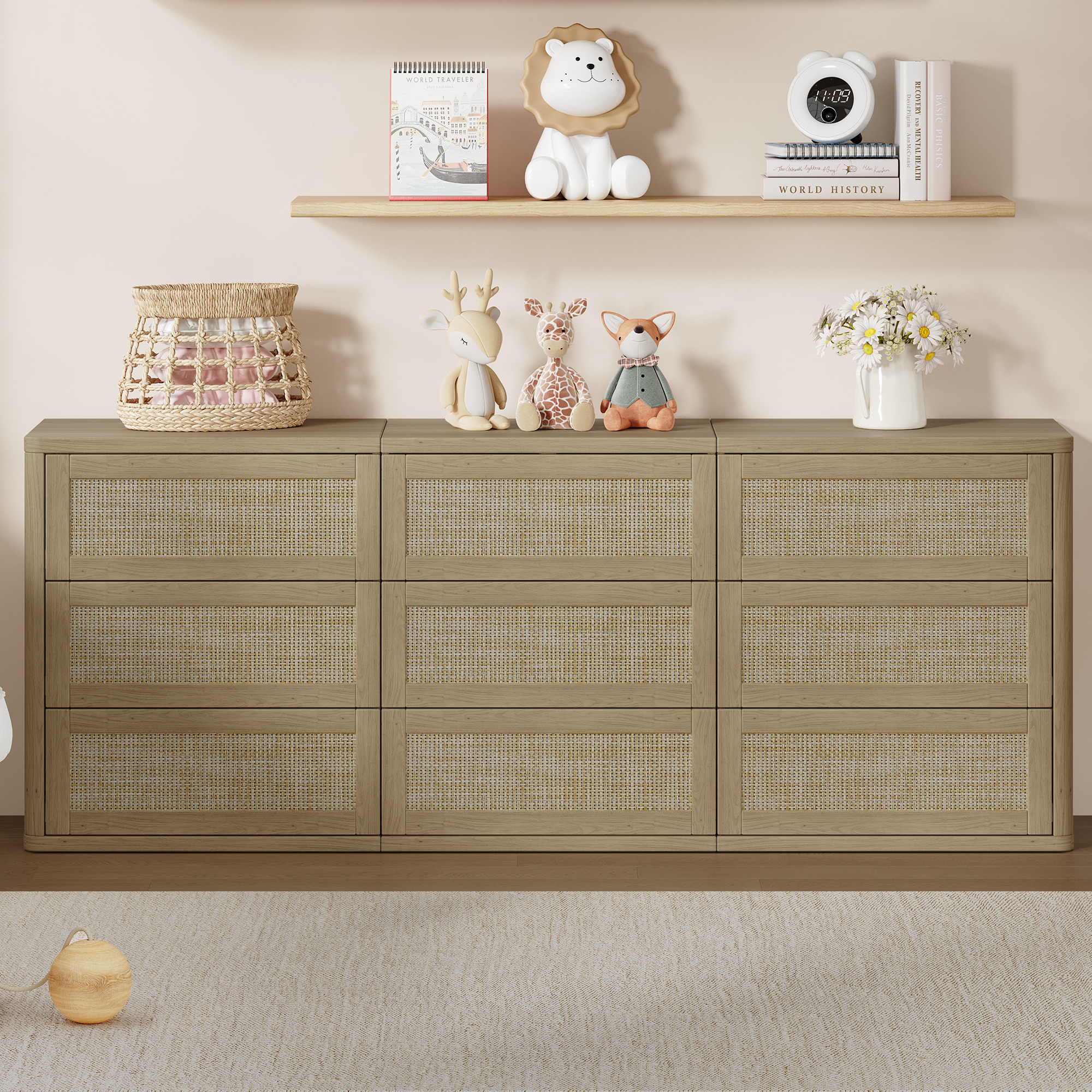 SICOTAS 103.4" Wide 12 Drawer Modular Rattan Dresser,Extra Long Dresser with Rattan Chric & Pop-up Drawers for Bedroom Living Room, Amber Oak