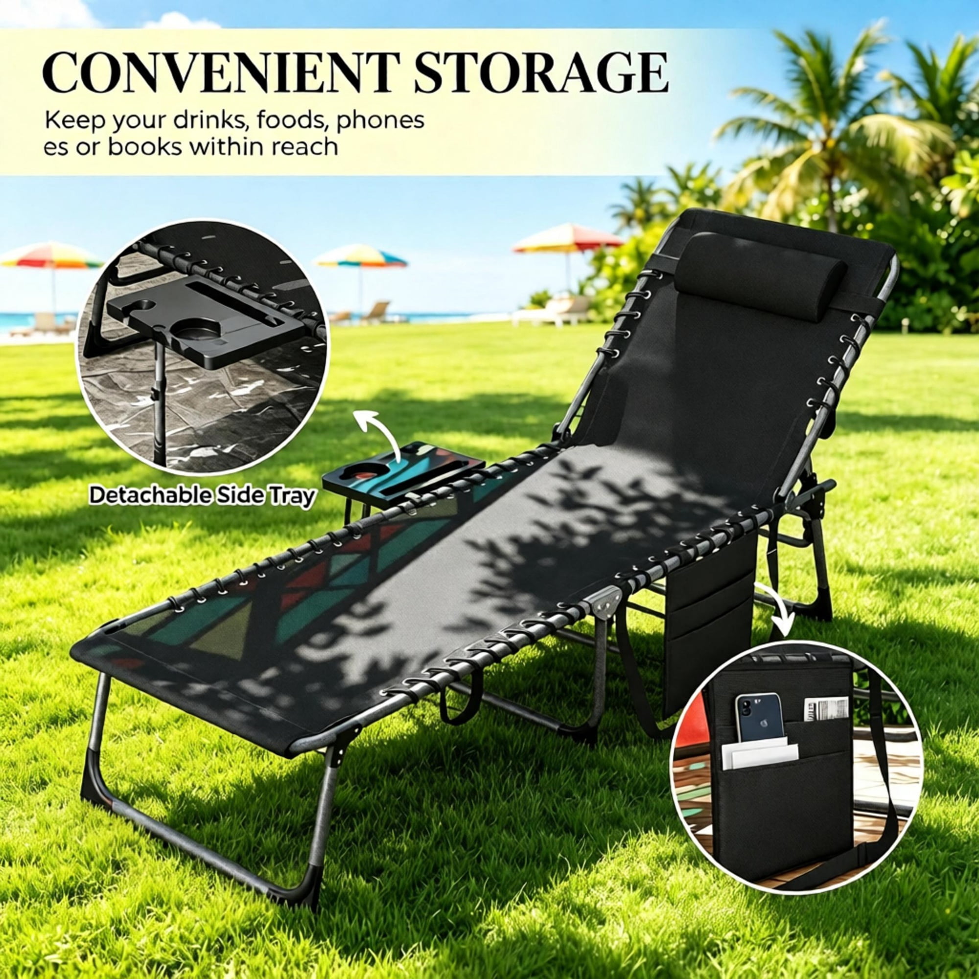 Outdoor Folding Chaise Lounge Chair, 5-Level Adjustable Tanning Chair, with Side Table, Pillow, Pocket, Black