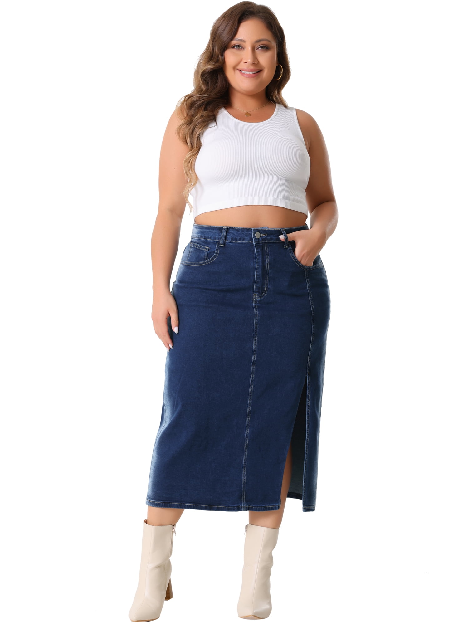 DARING DIVA Women's Plus Side Slit Button with Pocket Jean Denim Skirts 3X Dark Blue