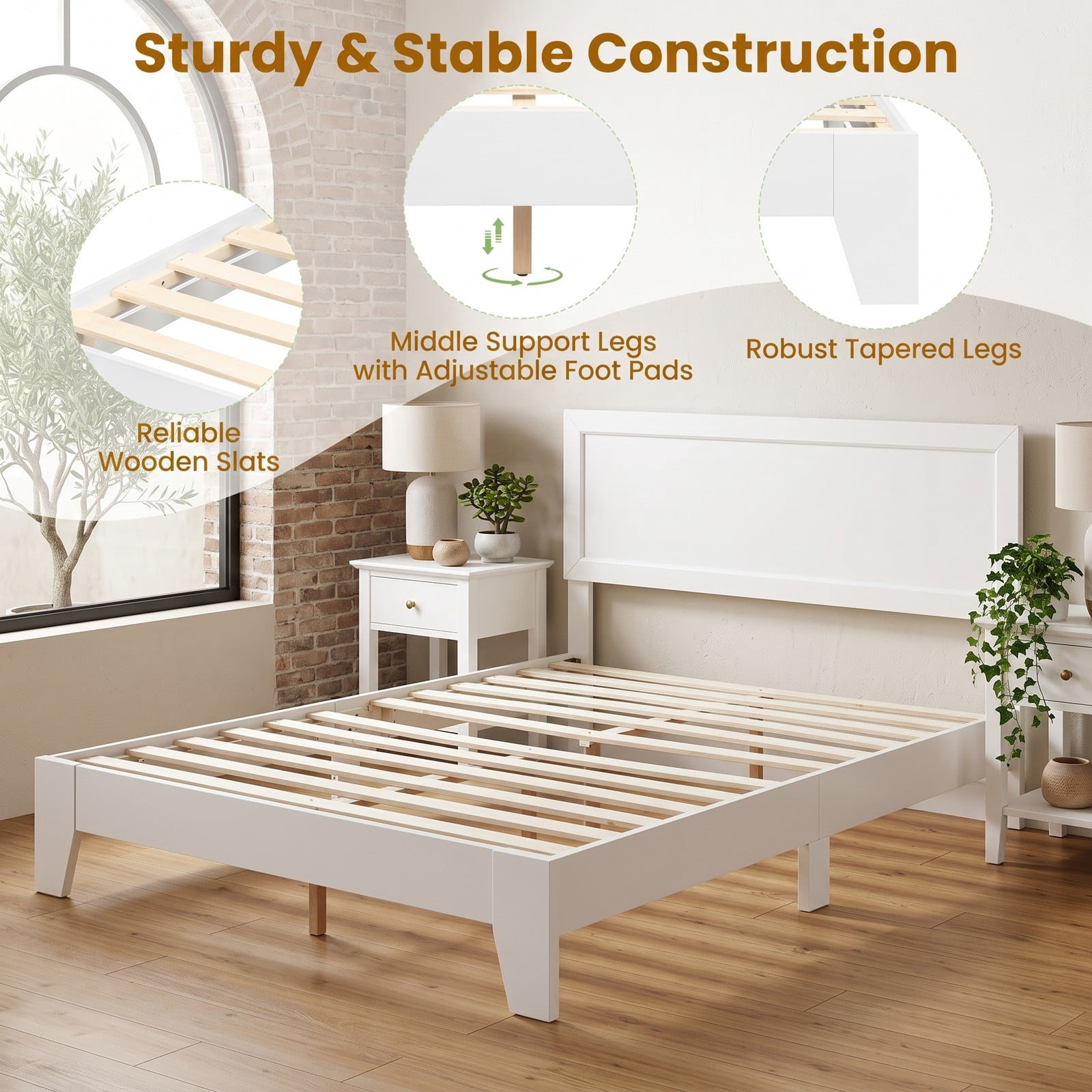 Furnibear Queen Bed Frame with Headboard, Modern Wood Platform Bed with Panel Headboard, Wooden Slats and Tapered Legs, White