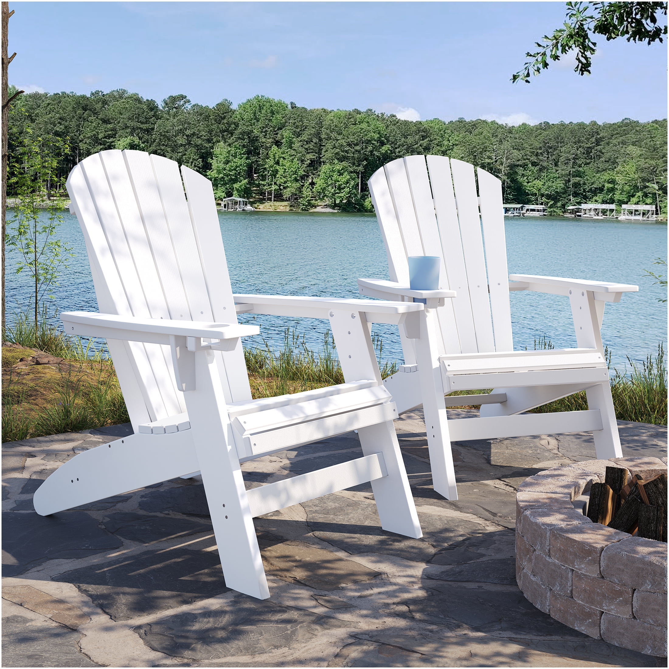 JERFIT White Adirondack Chair with Cup Holder, Heavy-Duty HDPE Outdoor Lounge Chair for Patio, Poolside, Garden, Deck, Weather Resistant & Comfortable