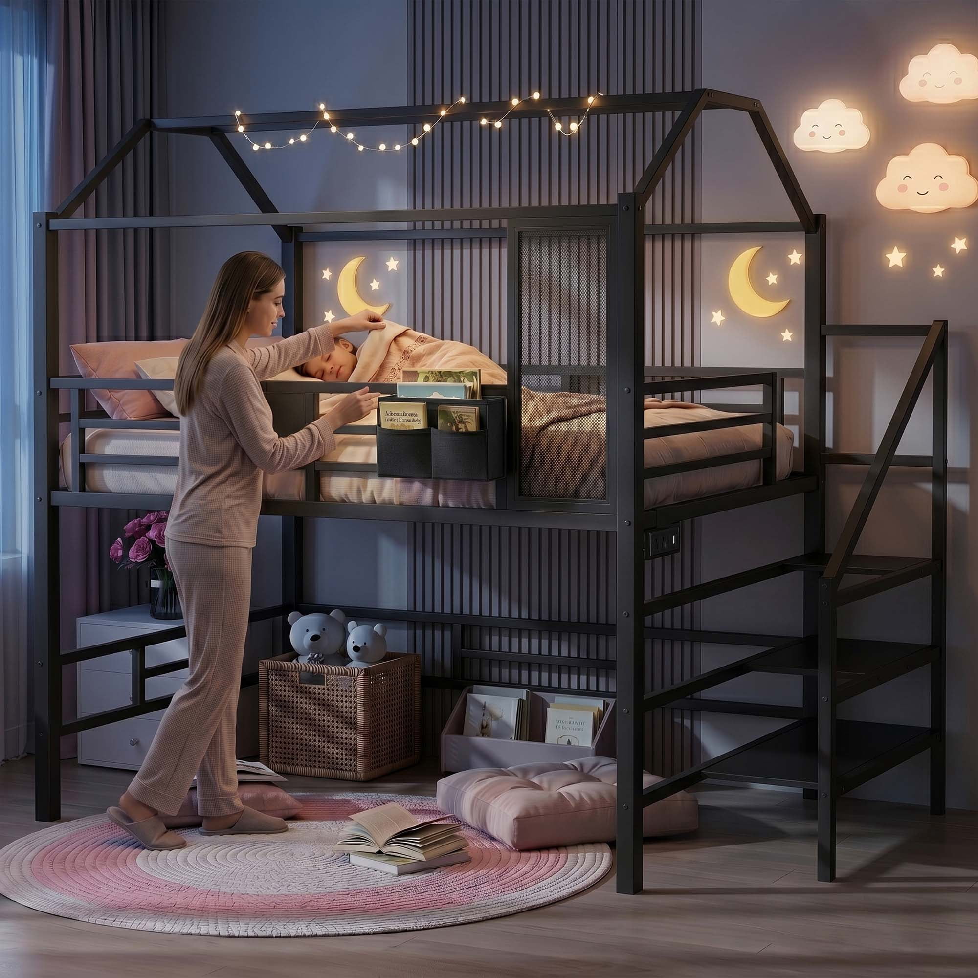 Miniyam Full Size Bunk Bed with Stairs, House Bed Design with Charging Station and Storage Bag Led Light, Black
