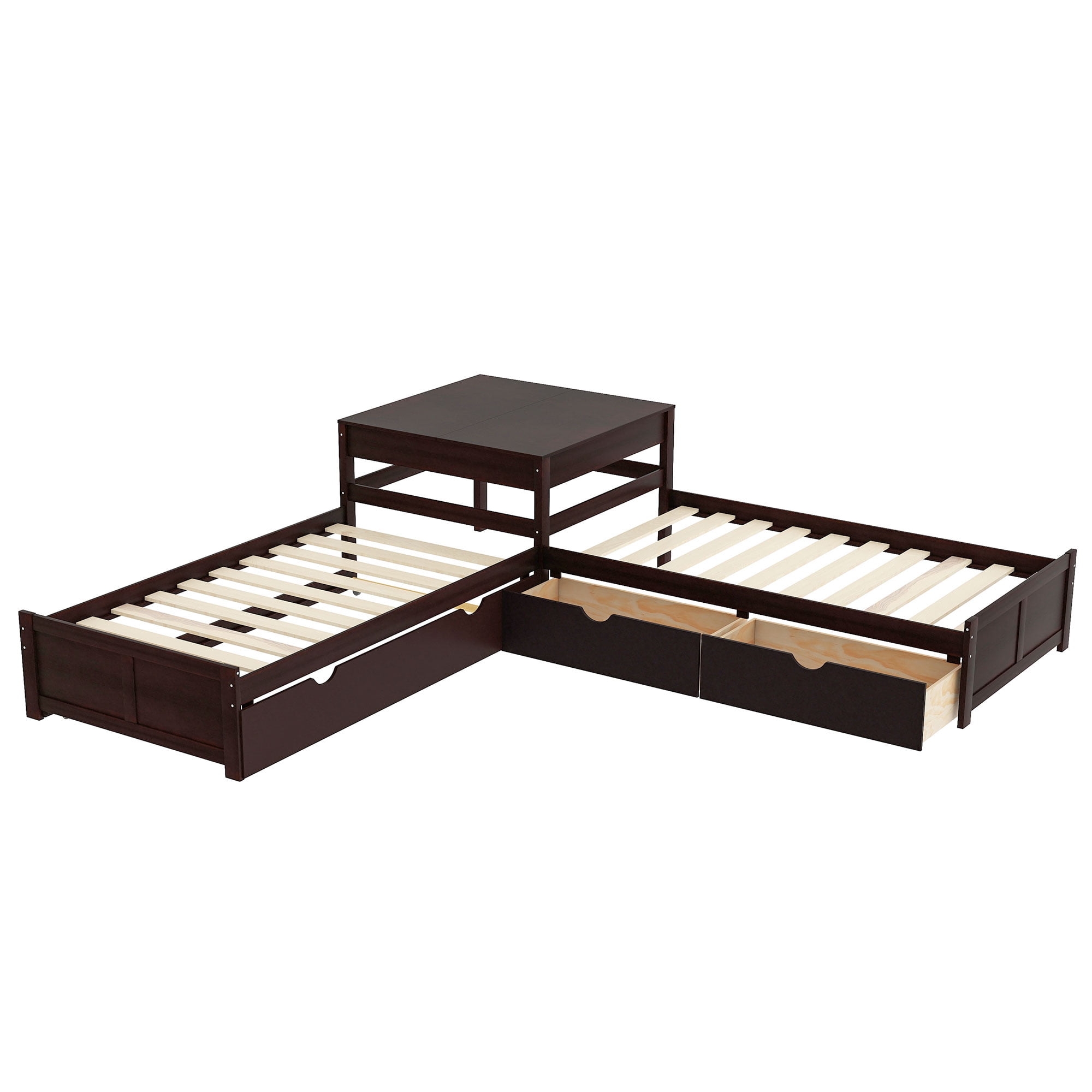 Euroco Pine Wood L-Shaped Twin Platform Bed with Trundle, 3 Beds in One for Bedroom, Trundle Bed with Drawers and Built-in Desk, Espresso