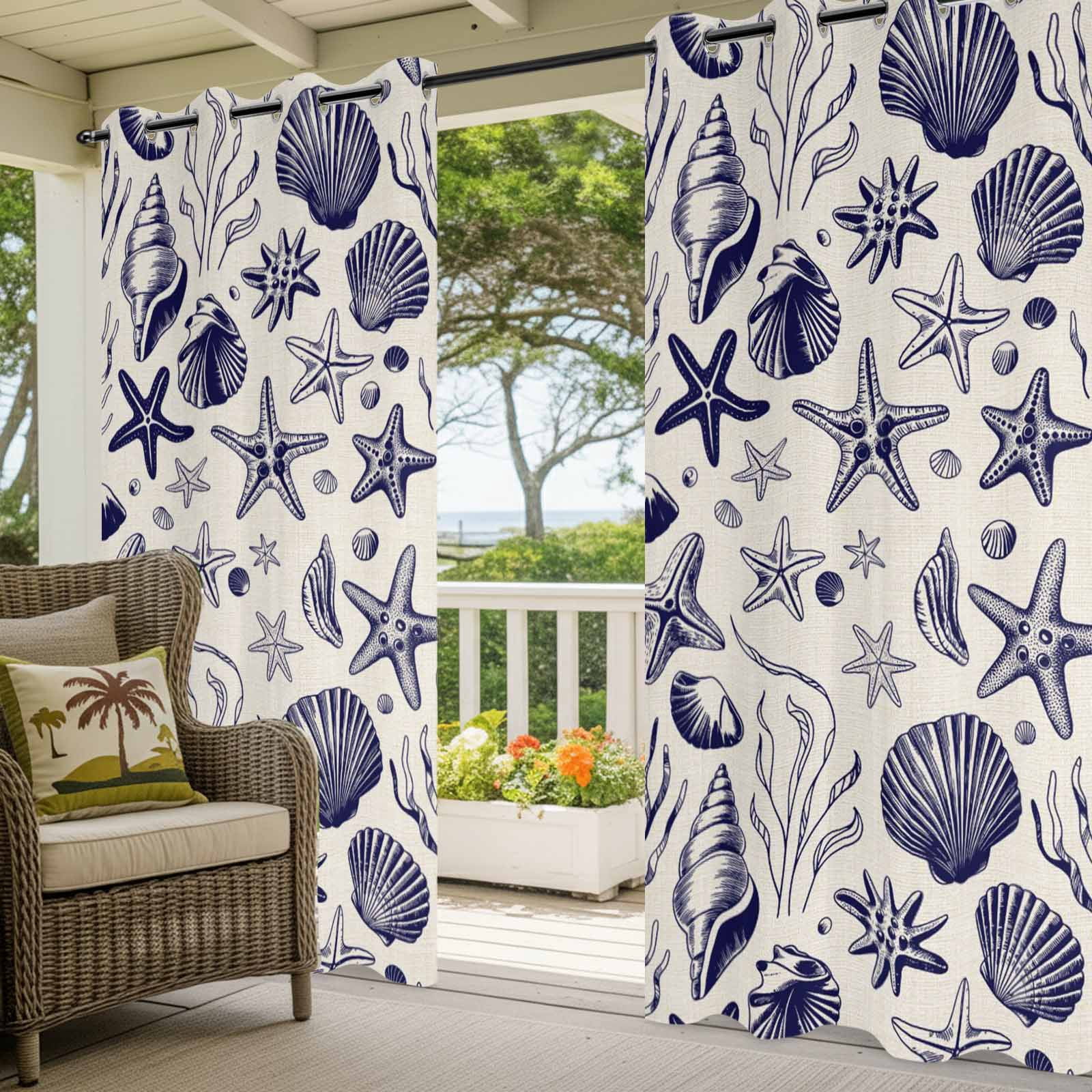 Summer Marine Life Outdoor Curtains for Patio, Black Line Ocean Shell Starfish Sea Conch Seaweed Sunshade Privacy Drapes Grommet Waterproof Outside Curtains for Porch Balcony 54"x 108", 1 Panel