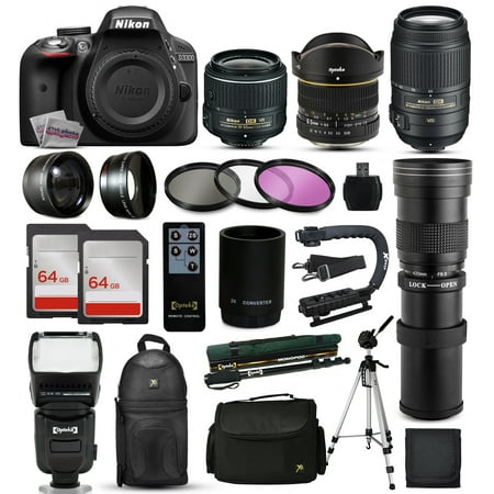 Nikon D3300 DSLR Digital Camera + 18-55mm VR II + 6.5mm Fisheye + 55-300mm VR + 420-1600mm Lens + Filters + 128GB Memory + Action Stabilizer + i-TTL Autofocus Flash + Backpack + Case + 70" Tripod
