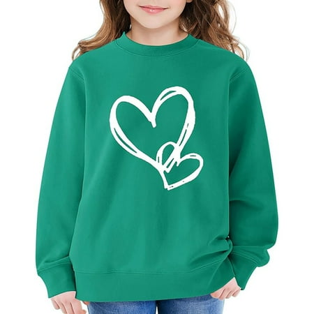 MUXiin Valentine Shirts for Girls Girls Long Sleeve Crewneck Sweatshirt Heart Print Casual Pullover Top Soft Lined Comfortable Kids Athletic Wear Girls Valentines Gifts