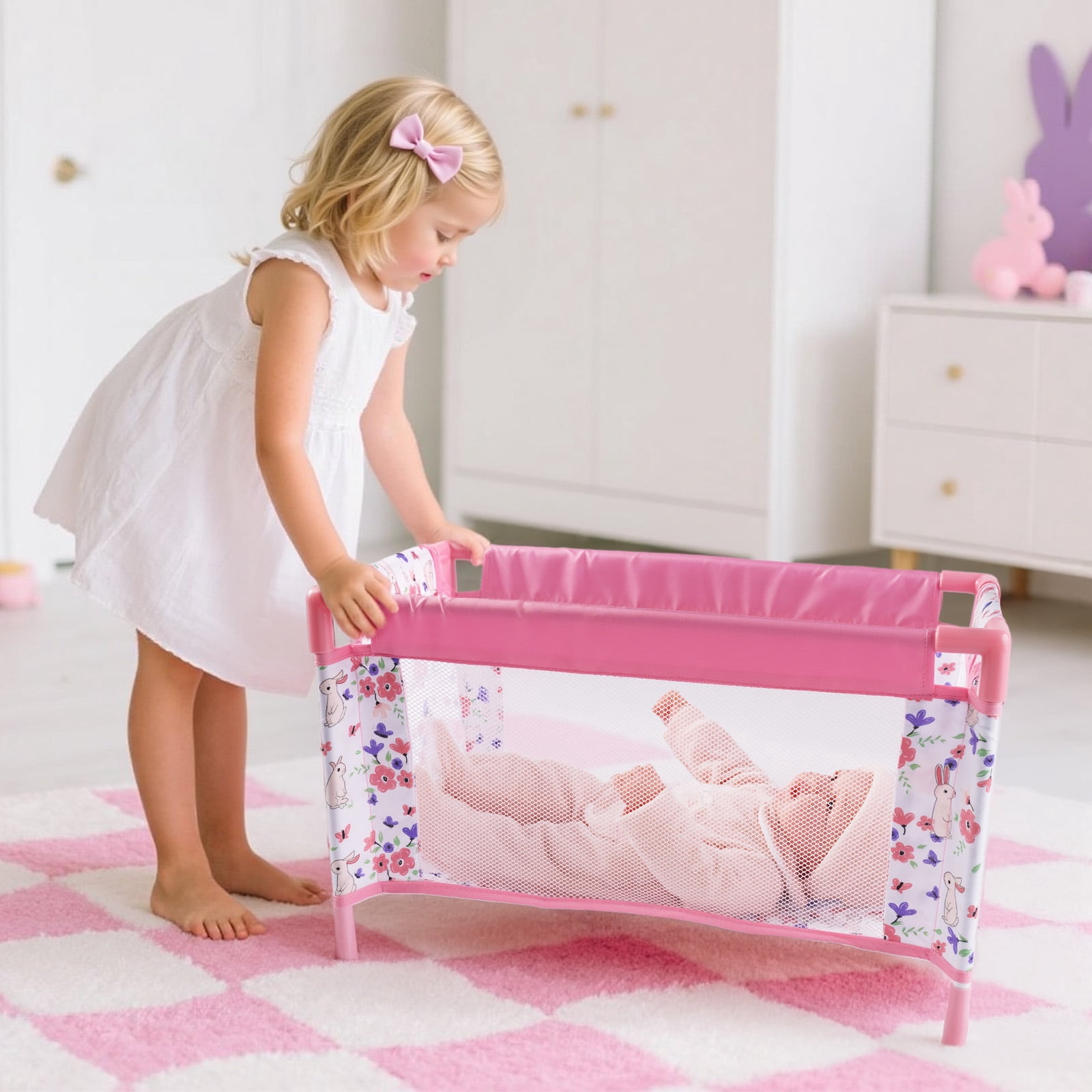 RSG Reborn Baby Doll Crib, Pink Floral Foldable Doll Bed for 17-20 Inch Reborn Dolls, Portable Doll Furniture with Storage Bag, Pretend Play Gift for Kids Ages 3+