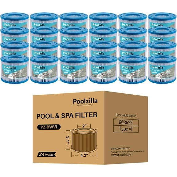 Poolzilla 24-Pack Spa Filter Cartridge Replacement for Bestway Type VI, 29001E, Coleman SaluSpa 90352E, 58323E, 58323, 58324,Sunset Filters VI, Volca Spares Size VI, Lay-Z Spa