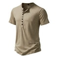 thumbnail image 2 of Lovskoo Mens Casual Henley Shirts V Neck Short Sleeve Trendy Casual Solid Color Slim T Shirt Tops Blouse Vacation Beach Summer Tops Khaki, 2 of 9