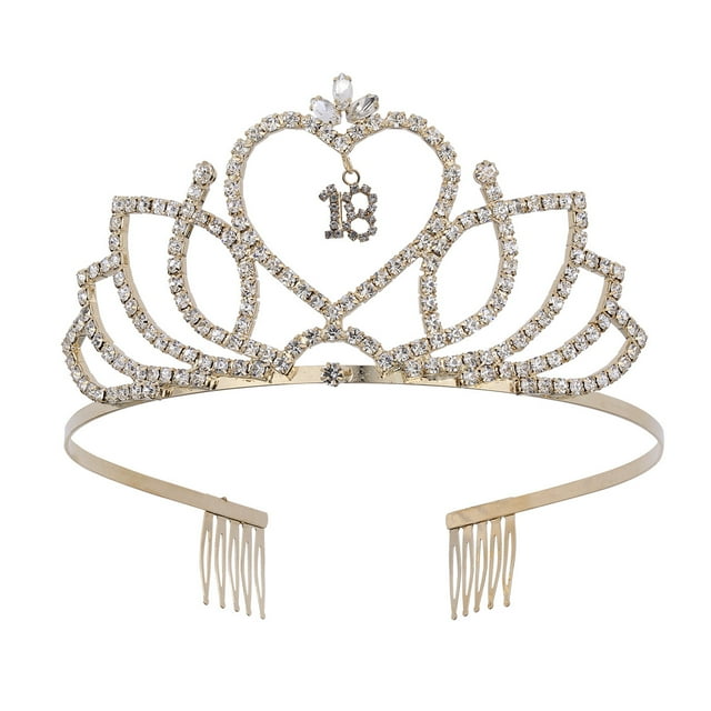 CIMAXIC Birthday 1PC 18th Birthday Crown Hollow Alloy Rhinestone Inlay Headband Hair Clasp with Comb for Party (Golden),5.91"X4.72"X2.56"