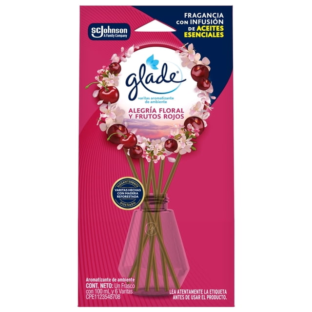 Aromatizante ambiental Glade alegría floral y frutos rojos 1 frasco con 100 ml + 6 varitas