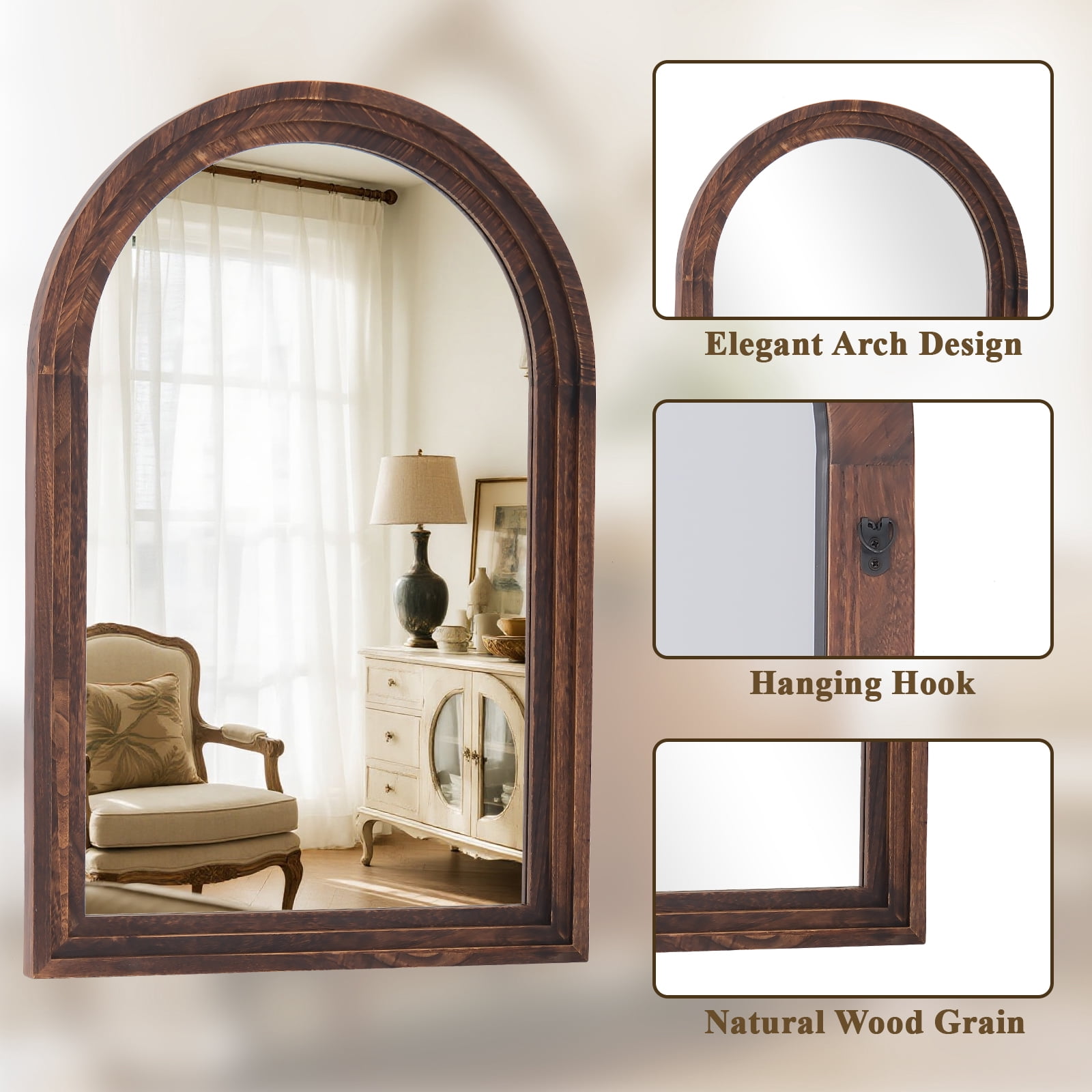 Easy4Home 40"x30" Arched Bathroom Mirror with Wooden Frame Decorative Wall Mounted Mirror, Brown