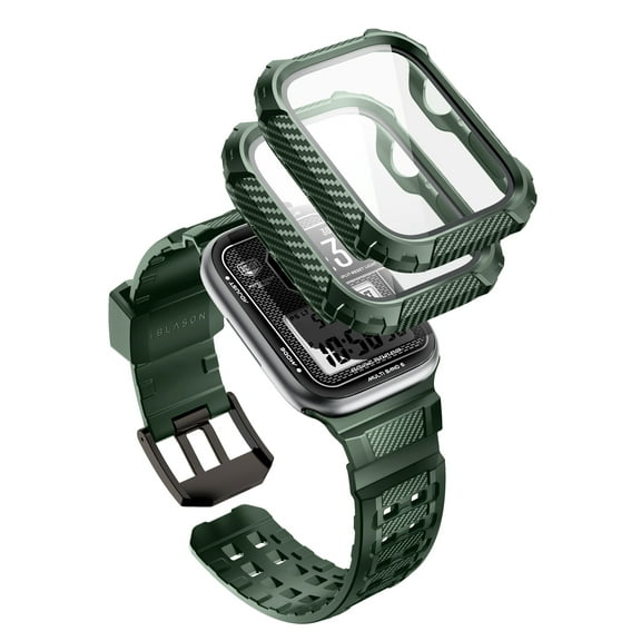 i-Blason Armorbox Compatible with Apple Watch Band [44mm] for Apple Watch Series 6/SE2/SE/5/4, Rugged TPU Watch Band with 2-Pack Bumper Cases [Built-in Tempered Glass Screen Protector] (DarkGreen, 44m