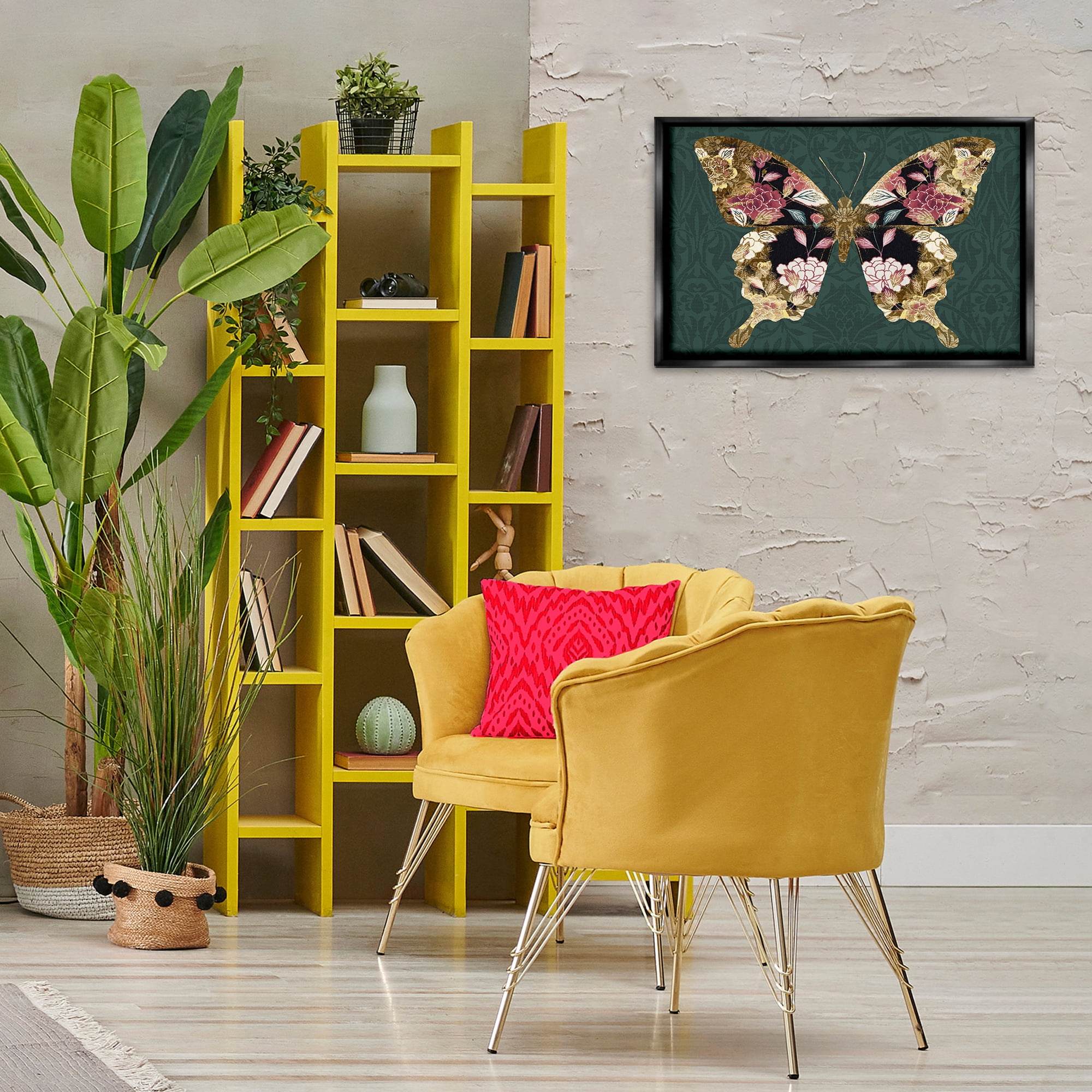 Stupell Industries Rococo Butterfly Pattern Animals Painting Black Floater Framed Canvas Art Print Wall Art, 25 x 17