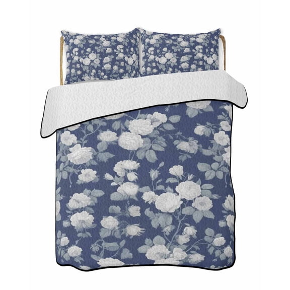 Quilts King Size Bedding Set, Spring White Floral Lightweight Quilted Comforter, Navy Blue Farmhouse Vintage Flowers Soft Reversible Bedspread Coverlet with Pillow Covers for All Season, 96" x 106"