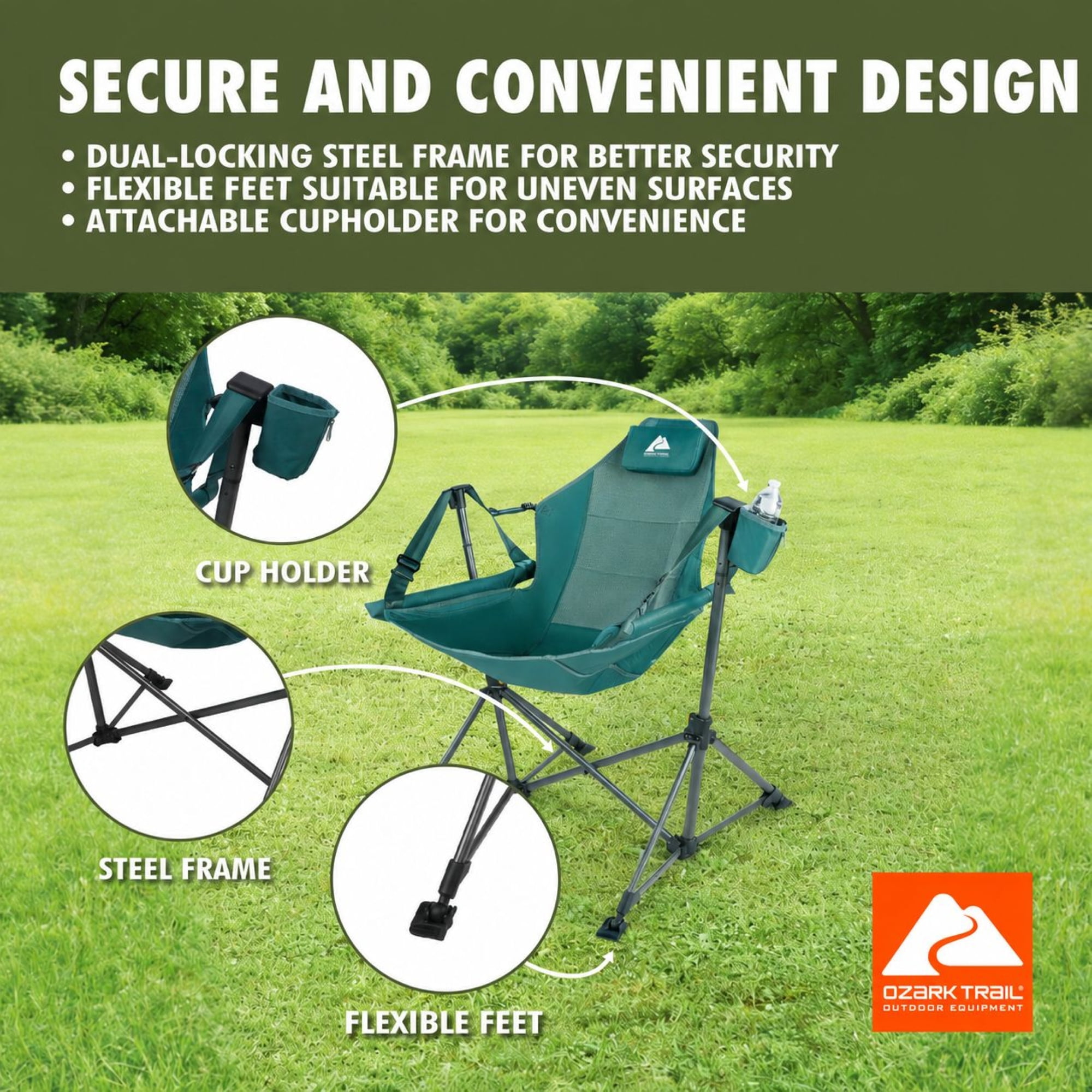 Ozark Trail Swing Hammock Chair with Built-in Pillow, Green