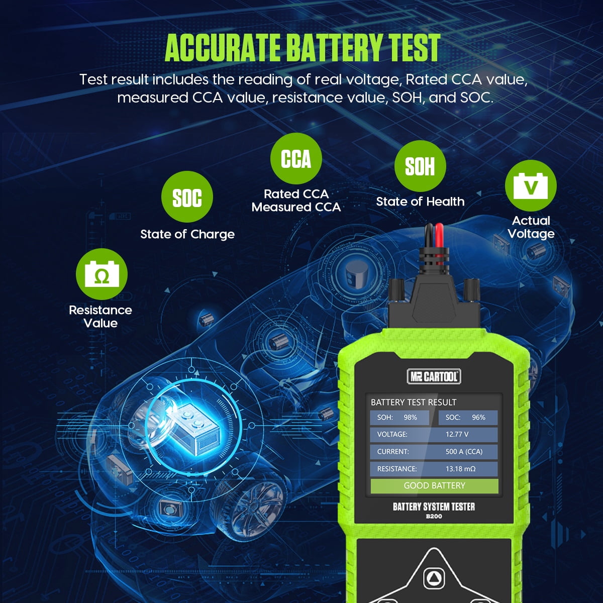 MR CARTOOL B200 Car Battery Tester Multimeter 12V/24V 30-1700 CCA Auto Cranking Charging Analyzer for Truck Motorcycle Boat