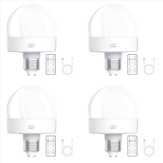 4X Bombillas Recargables Que Funcionan con Pilas, Bombilla de Rosca E26 de 300 para Lámparas con Control Remoto Regulable y Temporizador