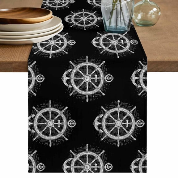 Nautical Anchor Table Runner 72 Inches, Coastal Ocean Sea Textured Black Bed Runner Dresser Scarves Tabletop for Indoor Outdoor Parties/Ceremony/Banquet, 16" x 72"