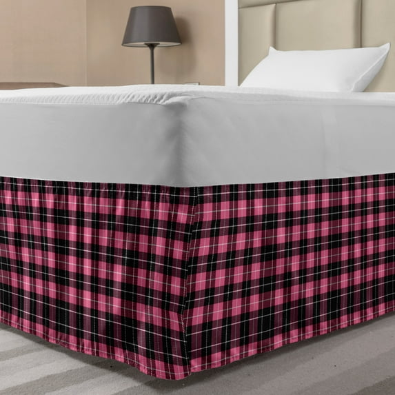 Abstract Bed Skirt, Continuing Tartan Inspired Pattern of Traditional Scottish Vibes, Elastic Bedskirt Dust Ruffle Wrap Around for Bedding Decor, 4 Sizes, Pink Charcoal Grey, by Ambesonne