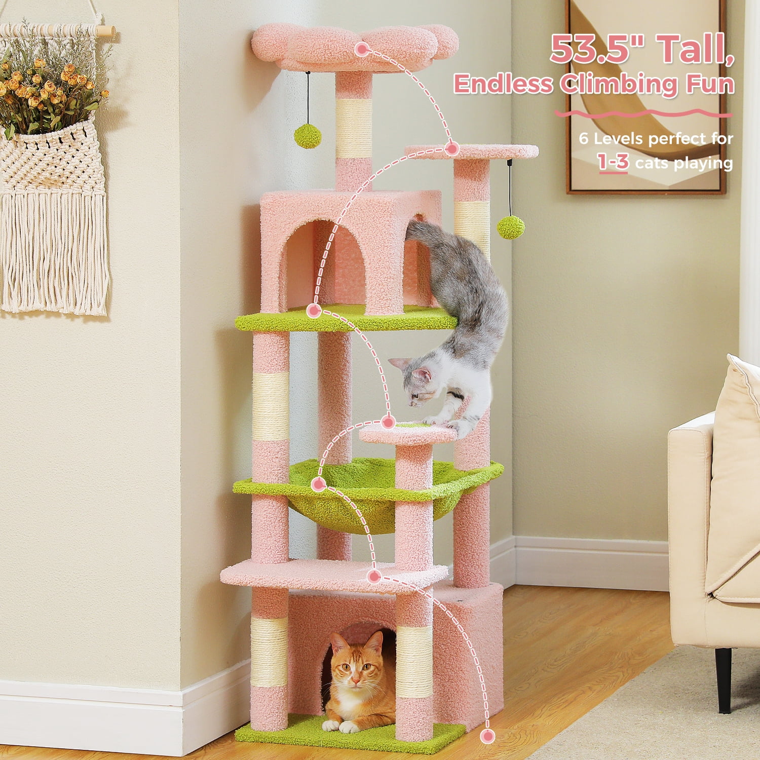 Pefilos 53" Tall Cat Tree Tower with Spacious Hammocks, Condos and Scratching Posts, Cat House with Dual Padded Perches for Indoor Large Cats, Pink