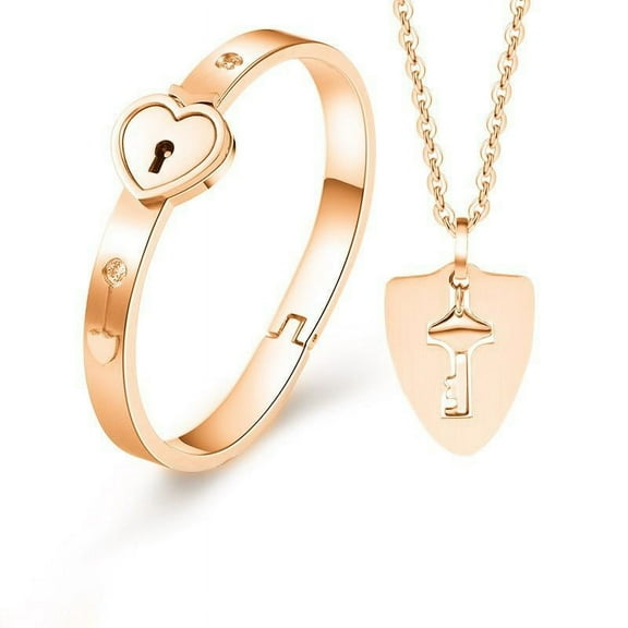 Couple Titanium Steel Love Heart Lock Bracelet Bangle Key Pendant Necklace Gifts