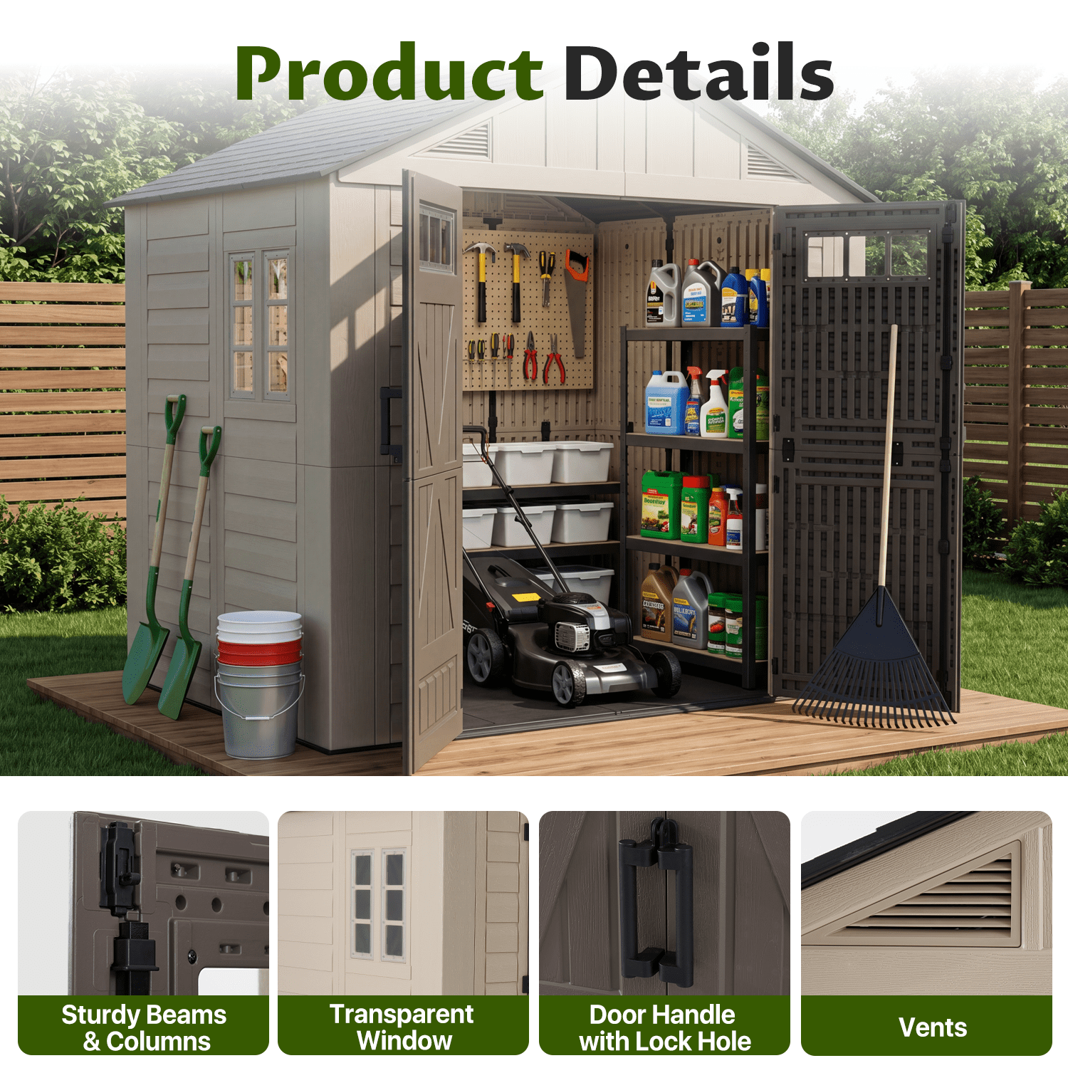 BaPiPro 8'x6' Resin Storage Shed with Floor, All-Weather Outdoor Shed with Window & Lockable Double Doors, Easy Assembly Outdoor Storage, Brown