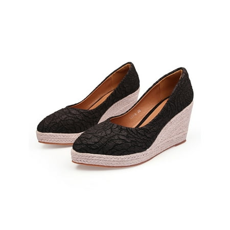 

Gomelly Womens Espadrilles Slip On Wedge Heels Pointed Toe Pumps Black 4