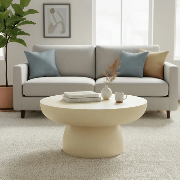 LeisureMod Ruben 27" Round Fiberstone Coffee Table with Powder-Coated Finish Centerpiece for Living Rooms, Patios, or Lounge Spaces