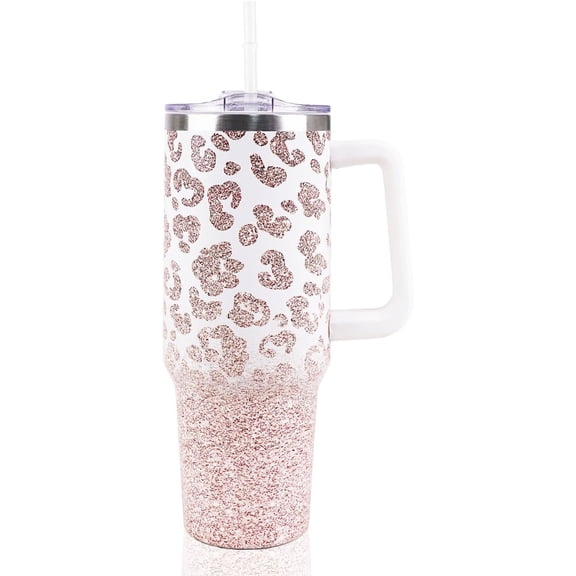 Leopard Tumbler with Handle 40oz Stainless Steel Insulated Leopard Print Water Bottle Cup Leopard Gifts for Women Men