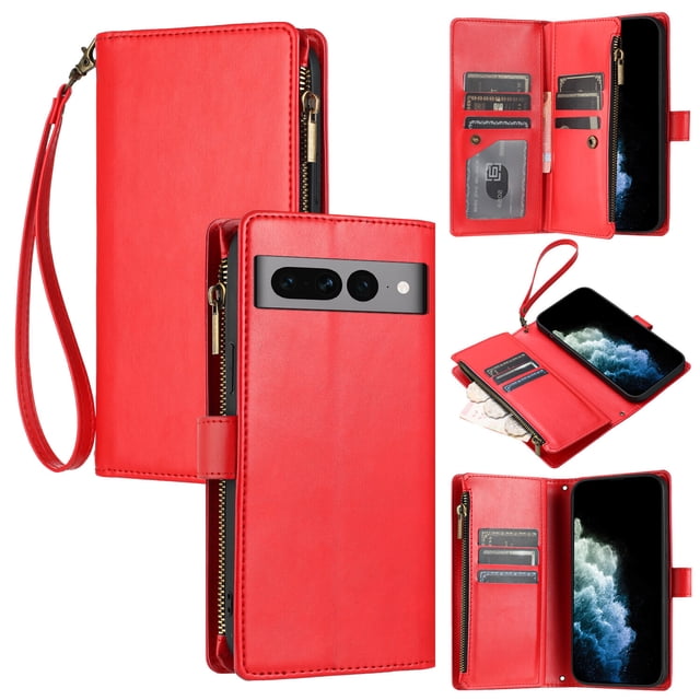 Compatible with Google Pixel 7 Pro Wallet Case Premium Zipper Large Space Flip PU Leather Cover