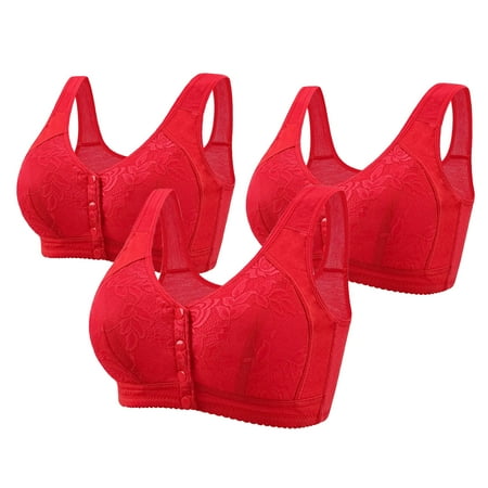 REORIAFEE Full Support Bras for Women 3PC Front Closure Gathered Together No Wire Bras Lace embroidery Brassiere Comfy Wide Strap Breathable Corset Underwear Comfortable Lingerie Red 42/95