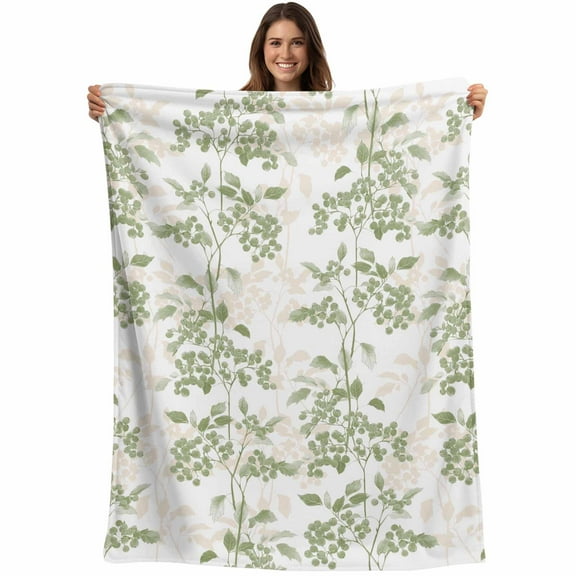 Flannel Fleece Throw Blanket Sage Green Leaves Plant Lightweight Soft Plush Blankets,Farm Fruit Nature Style Cozy Warm Throw Blanket for Couch Sofa Bed Car Office All Season Use 40x50in