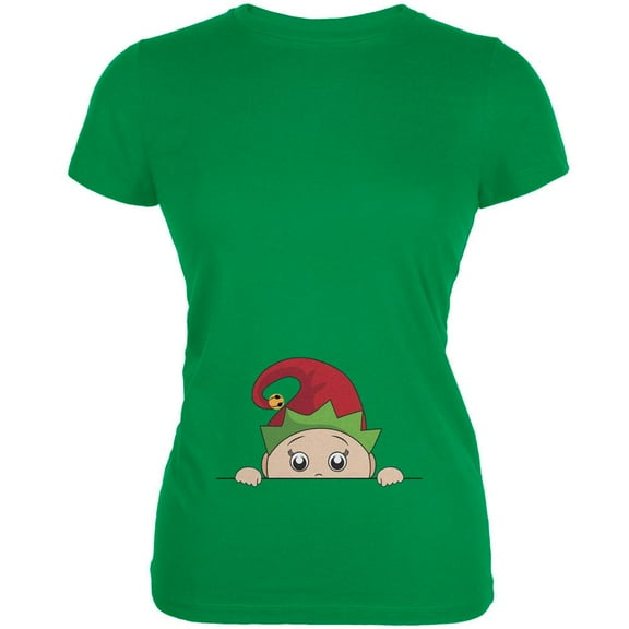 Christmas Peeking Baby Elf Irish Green Juniors Soft T-Shirt - X-Large