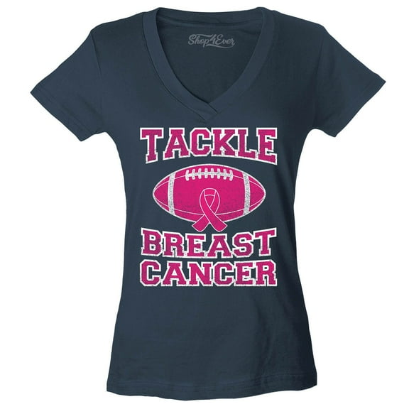 Shop4Ever Women's Tackle Breast Cancer Support Awareness Slim Fit V-Neck T-Shirt Small Charcoal