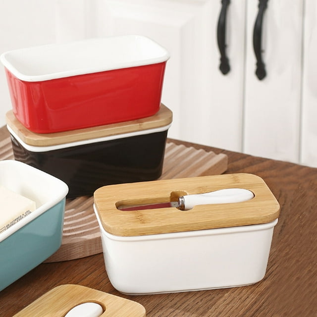 Butter Storage Box with Slicer Ceramic Refrigerator Cheese Holder Case Organizer Food Container Reusable Fridge Organizing Light Blue