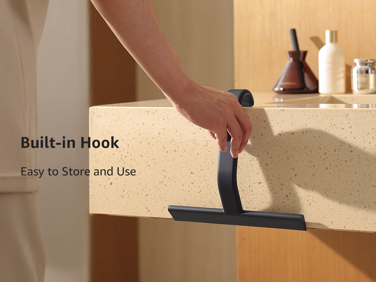 dancemoon Shower Squeegee for Glass Doors, One-Piece Soft-Touch Silicone Water Wiper with Built-in Hook for Bathroom and Tile Walls, 10-inch, Black