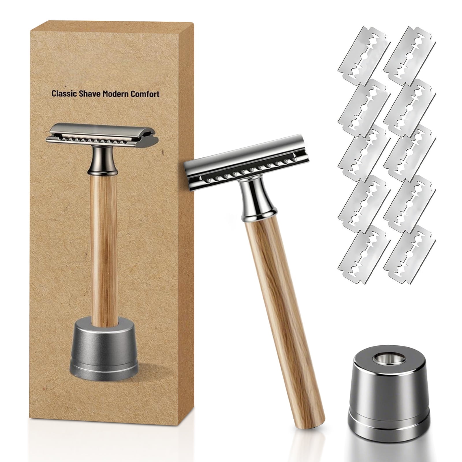 Skdwakiz Double Edge Safety Razor for Men, Classic Wooden Handle Manual Shaving Razor with 10 Double Edged Stainless Steel Blades & Heavy Duty Metal Base