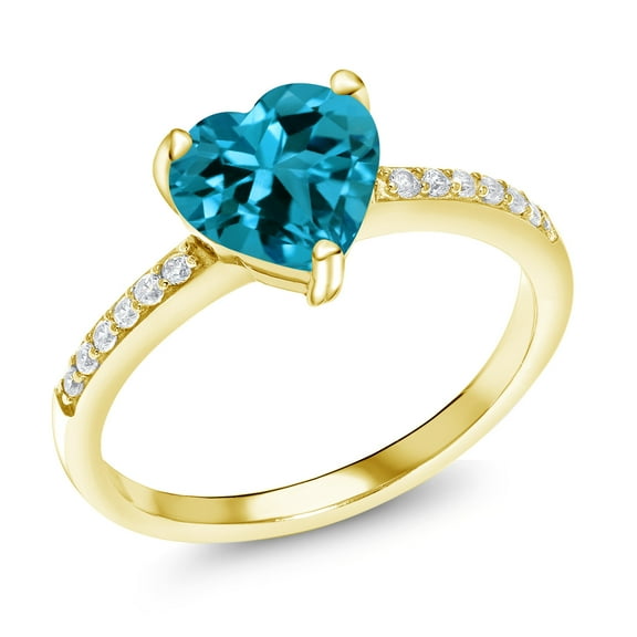 Gem Stone King 2.29 Ct Heart Shape London Blue Topaz 18K Yellow Gold Plated Silver Ring