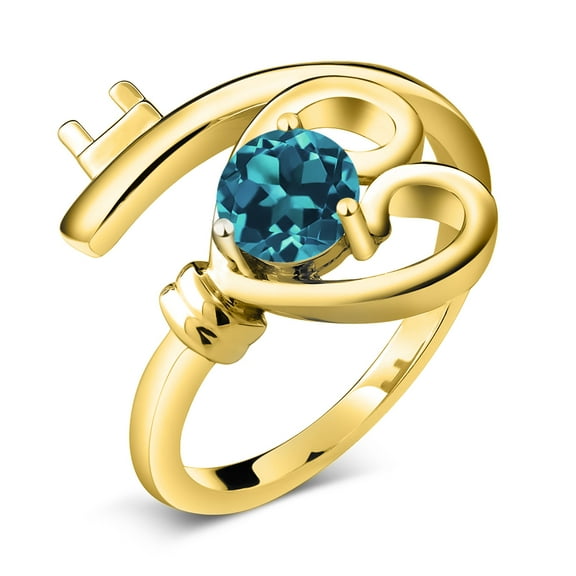 Gem Stone King 0.70 Ct Round London Blue Topaz 18K Yellow Gold Plated Silver Heart Key Ring (Size 7)