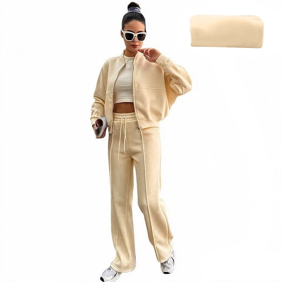 Szluipve 2 Piece Sets for Women 2 Piece Tracksuit Outfit, Zip Up Bomber Jacket Sweatshirt and High Waist Drawstring Wide Leg Pants Set, Casual Loose Solid Color Sports Sweatsuit