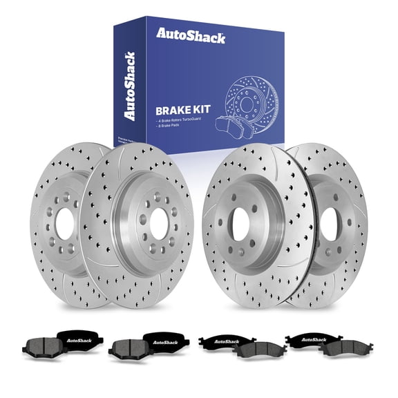 AutoShack Front & Rear Brake Rotors & Premium Pads for Ford, Taurus 2010-2012, AWD V6 3.5L - Coated Drilled & Slotted - Silver Matte Finish - TurboGuard