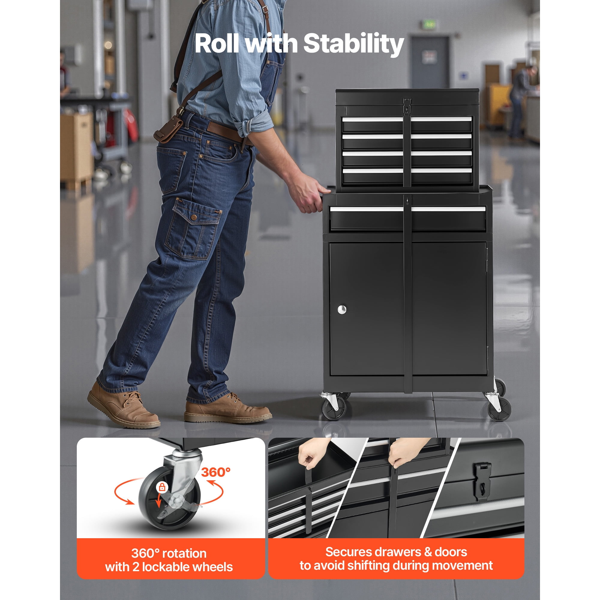 KFFKFF Rolling Tool Chest with 2-in-1 Design, 5-Drawer Tool Cabinet Organizer Featuring Detachable Top Toolbox, Locking Bar, Protective Liner, and Tool Rack for Garage, Workshop, or Warehouse Storage