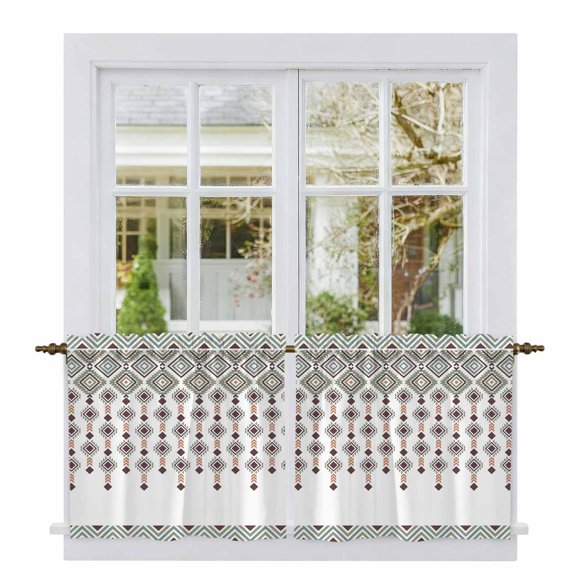 Green Boho Rhombus Tier Curtains 36 Inch Length, Abstract Art Vintage Ethnic Geometric Cafe Short Curtains for Bathroom Over Sink, Small Kitchen Curtain Light Filtering Drapes 2 Panels 27.5"Wx36"L